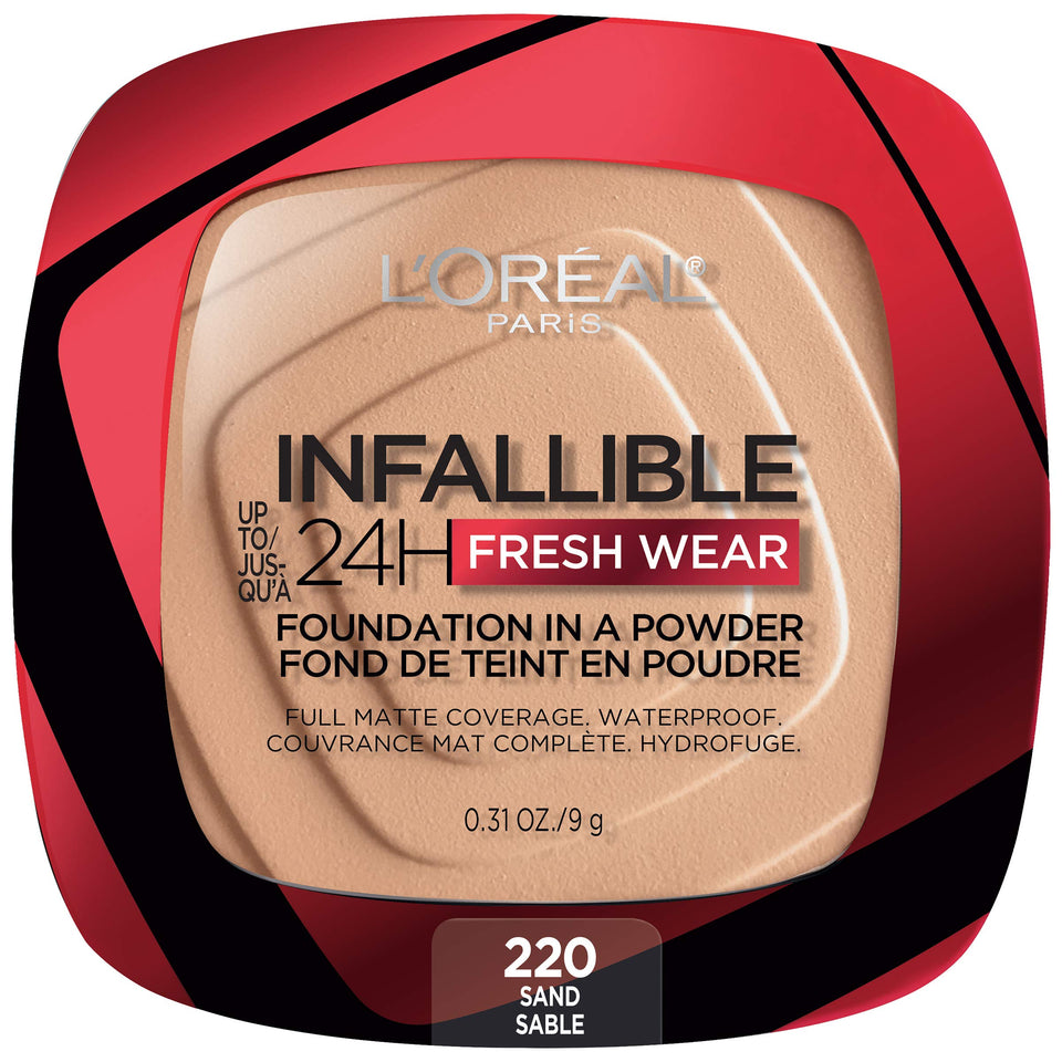 L'Oreal Paris compact front view showing sleek packaging and portable design benefit
