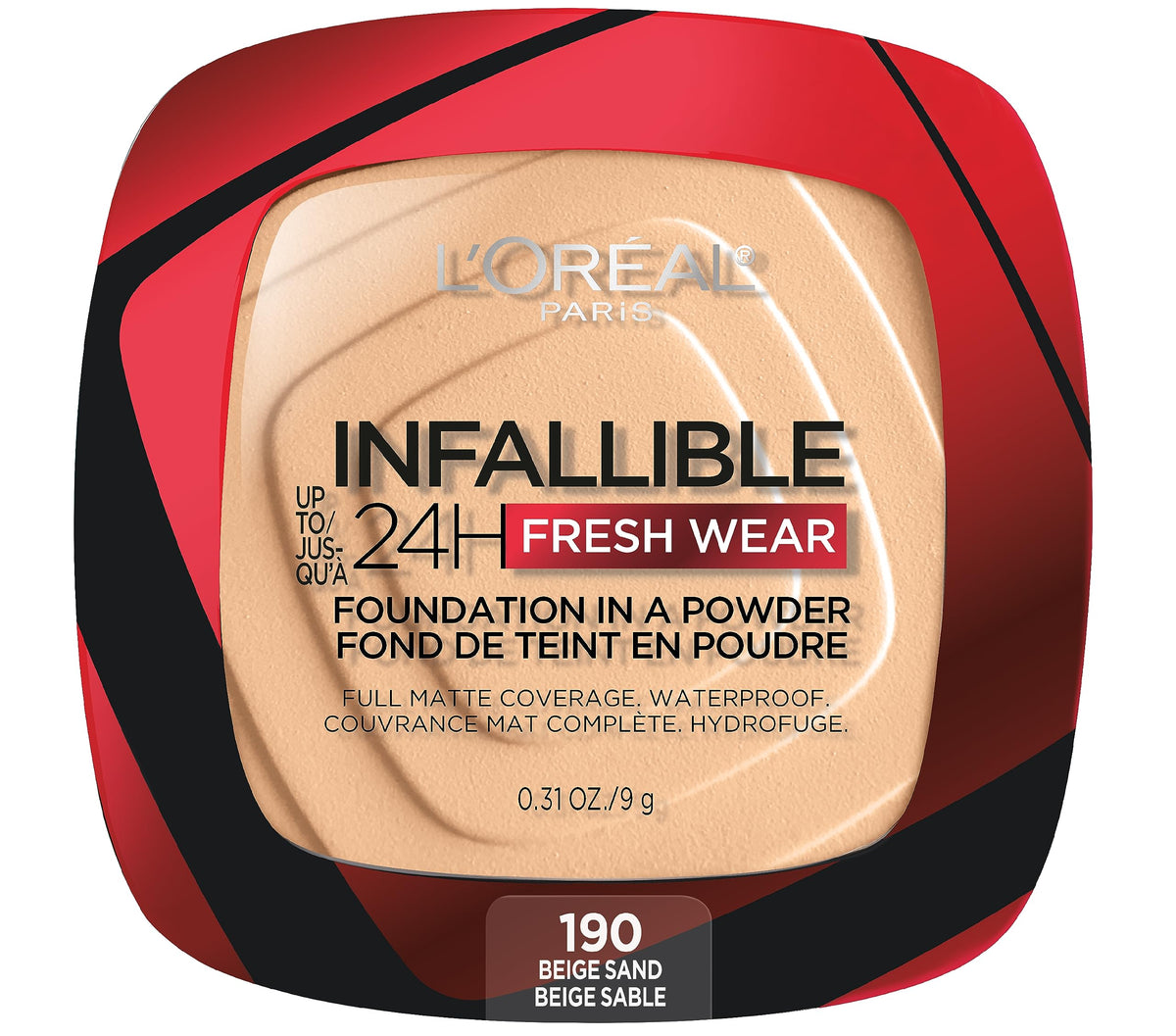 L'Oreal Paris compact front view showing sleek packaging and travel-ready benefit