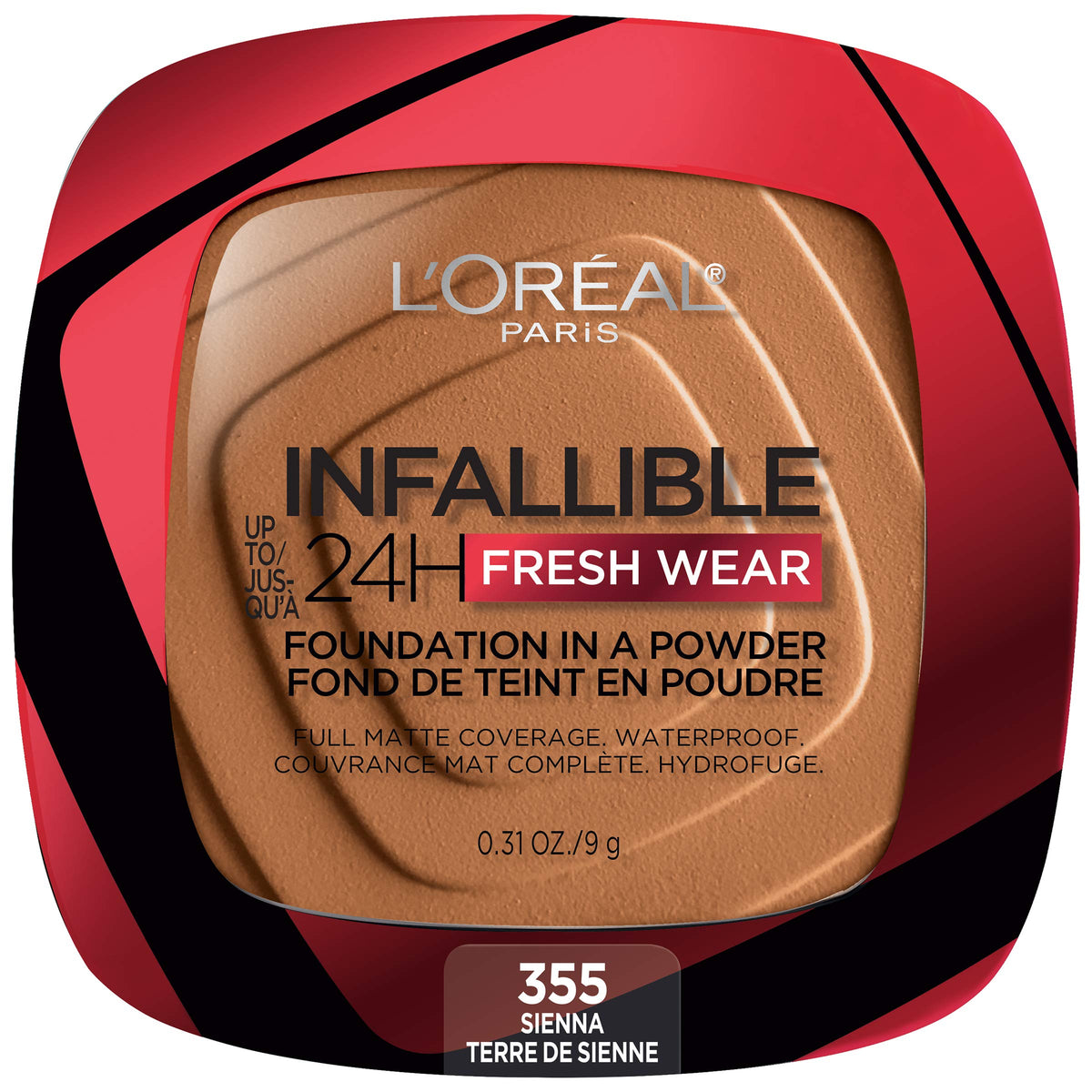 L'Oreal Paris compact front view showing shade label and sleek design benefit portability