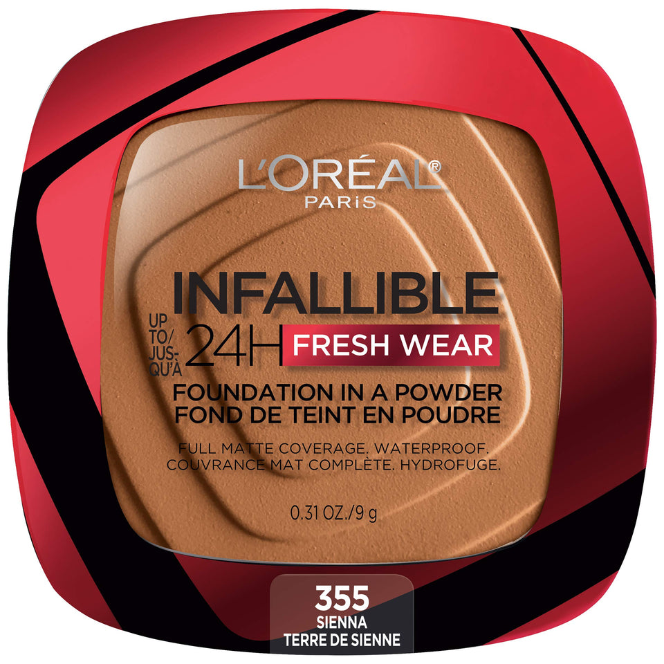 L'Oreal Paris compact front view showing shade label and sleek design benefit portability