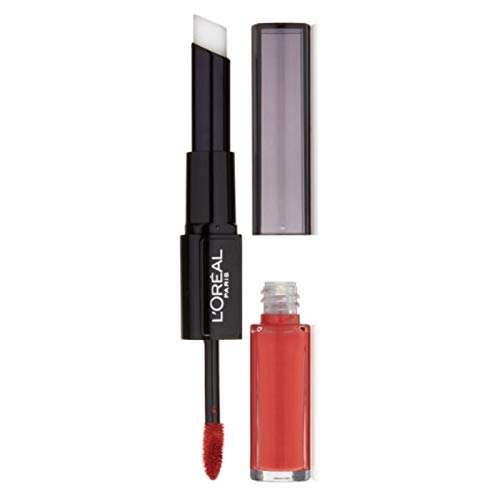 L'Oreal Paris application on lips in lifestyle setting showing bold color and long-wear confidence