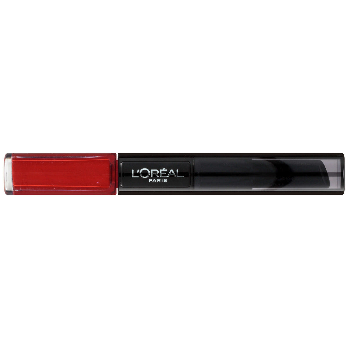 L'Oreal Paris Pro Last open tube with Continual Crimson color swipe demonstrating high pigment payoff