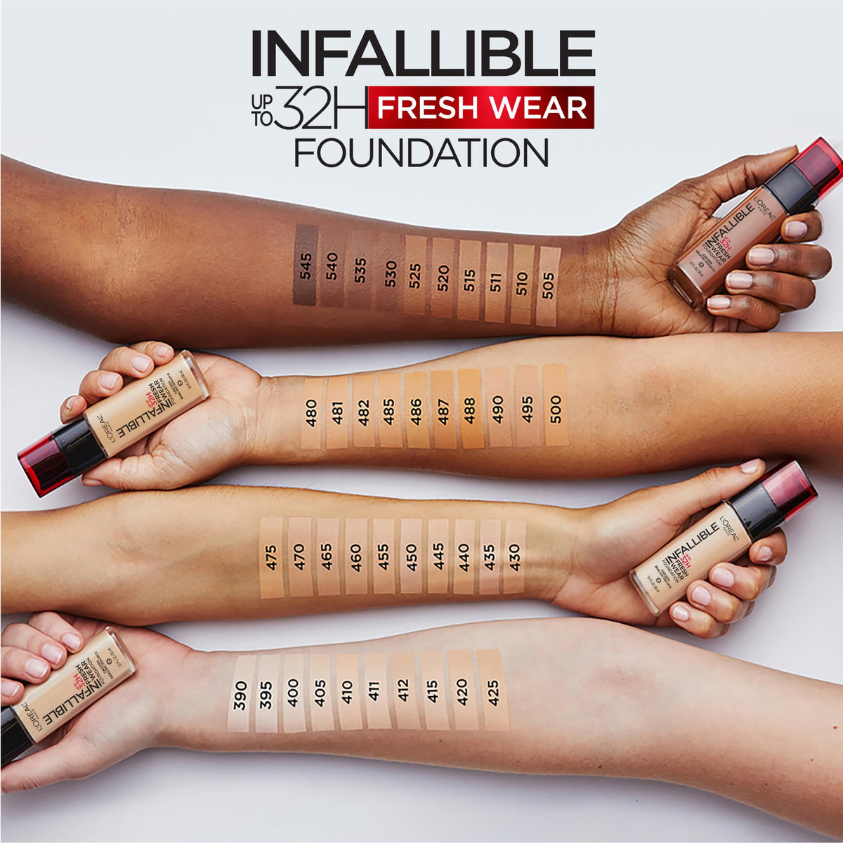 L'Oreal Paris swatches on arm demonstrating shade 420 True Beige match benefit
