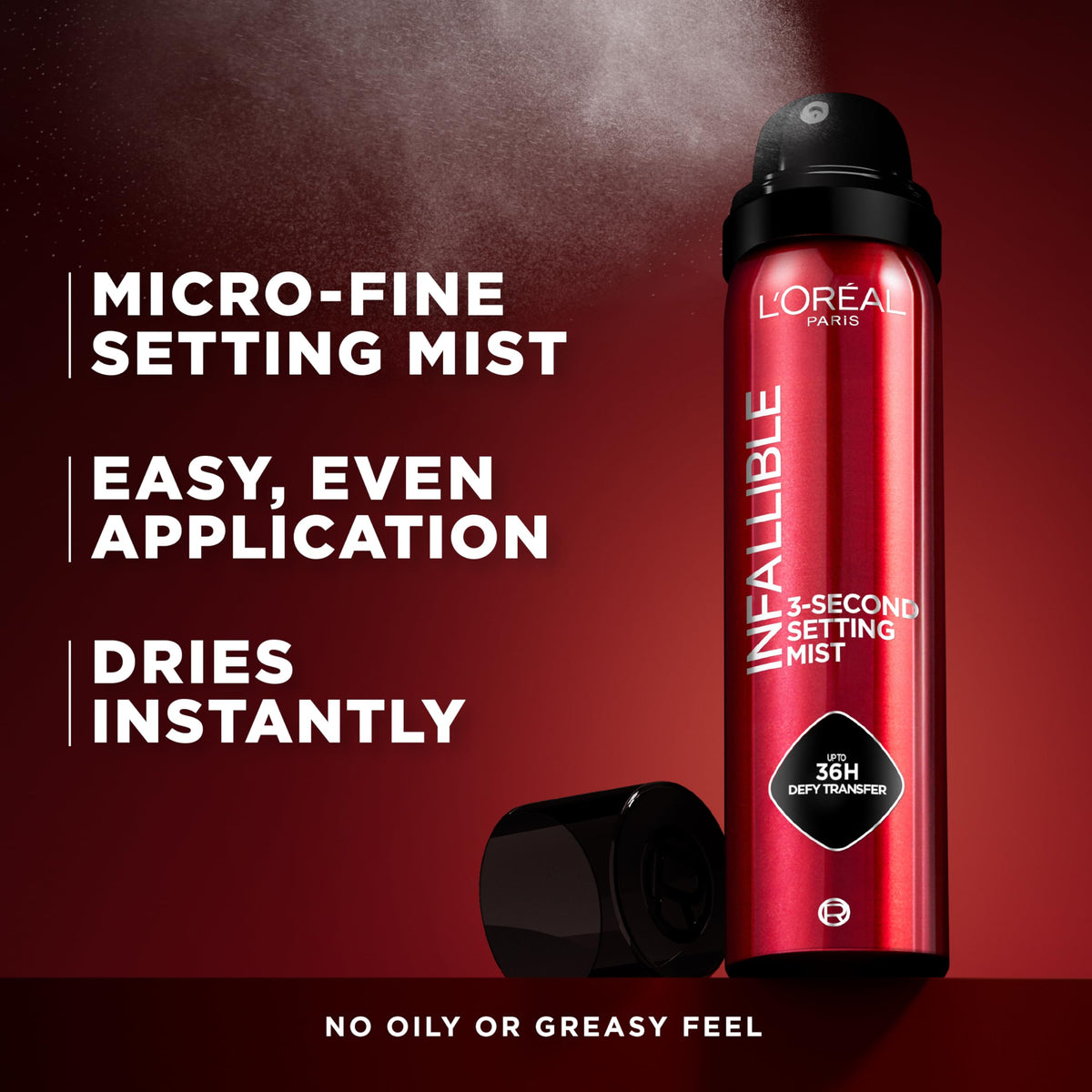 L'Oreal Paris fine mist texture airborne demonstrating fast-drying benefit