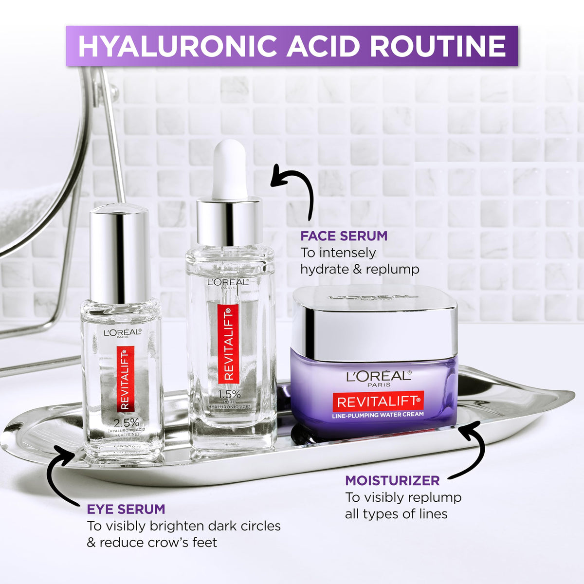 L'Oreal Paris in a bathroom morning routine showing refreshed, energized eyes