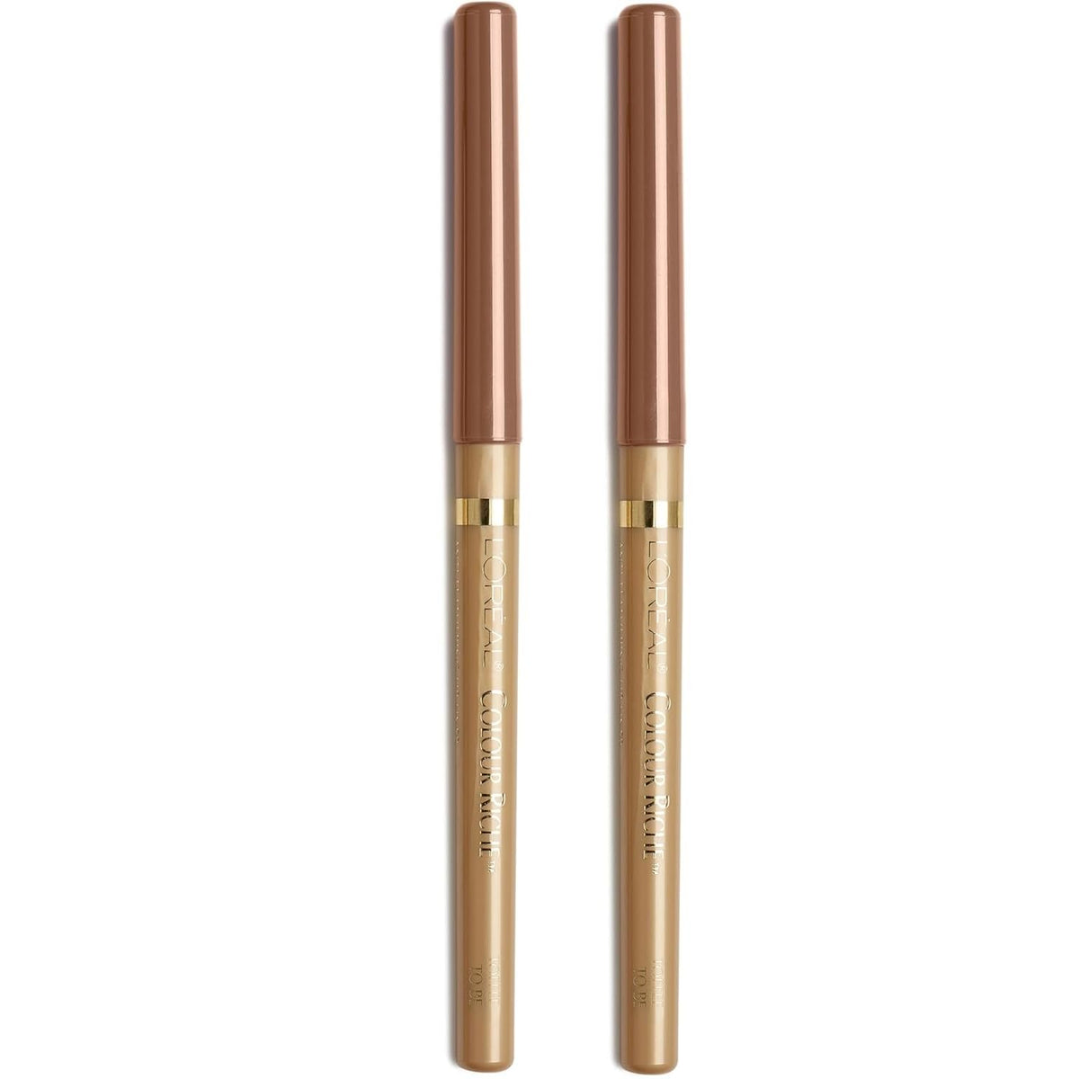 L'Oreal Paris front view of two lip liners showing packaging and shade benefits