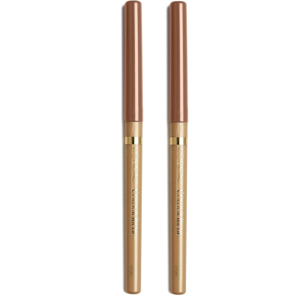 L'Oreal Paris front view of two lip liners showing packaging and shade benefits