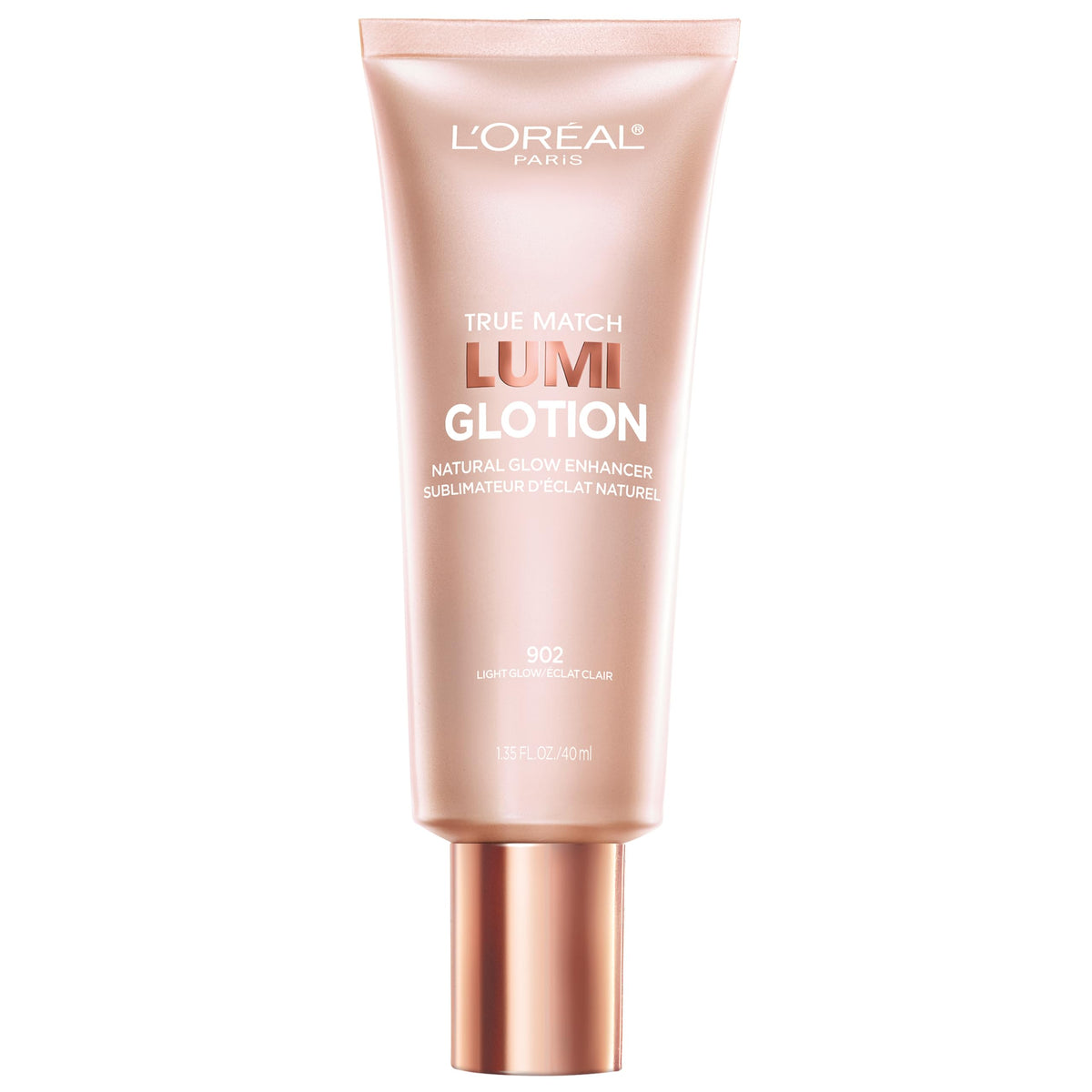 L'Oreal Paris bottle front view showing sleek glow-lotion packaging and brand benefit