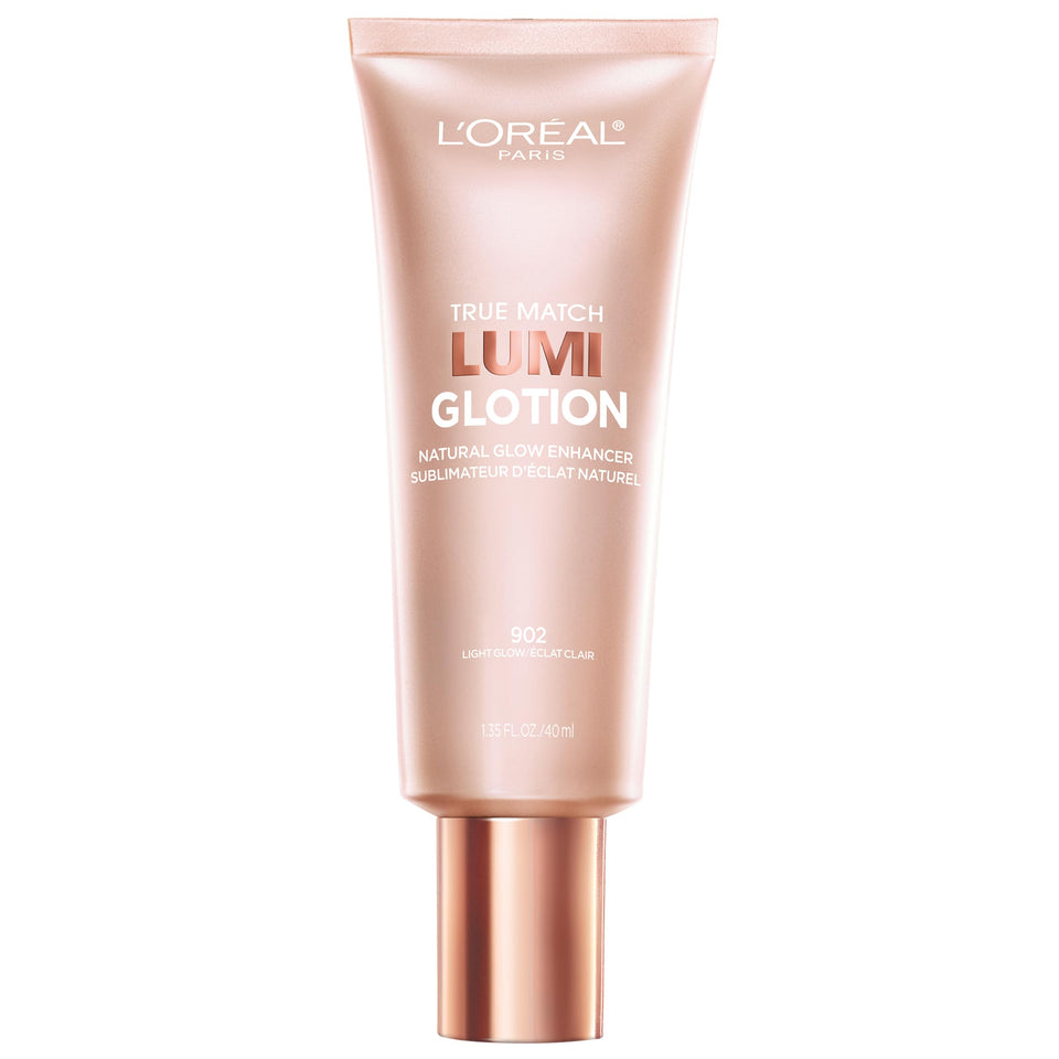 L'Oreal Paris bottle front view showing sleek glow-lotion packaging and brand benefit