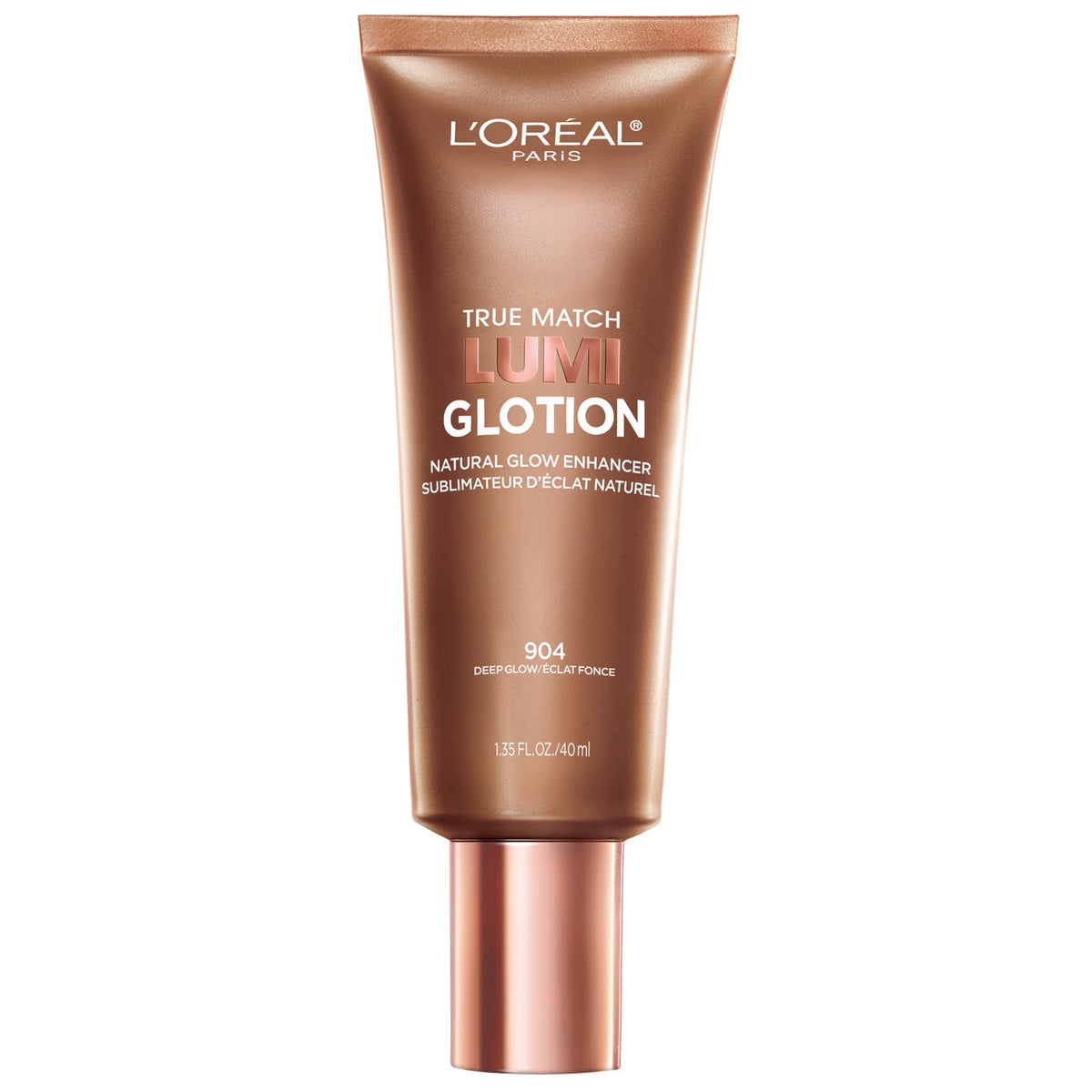 L'Oreal Paris Lumi Glotion front packaging showing bottle and shade for quick recognition and benefit