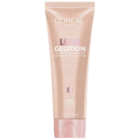 L'Oreal Paris front packaging of Lumi Glotion XL showing bottle and label benefit hydrates