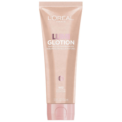 L'Oreal Paris front packaging of Lumi Glotion XL showing bottle and label benefit hydrates