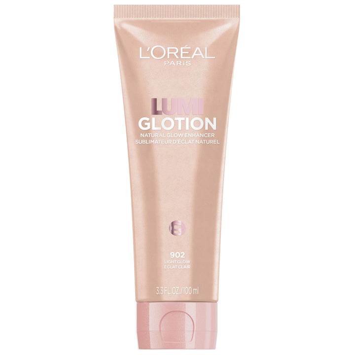 L'Oreal Paris front packaging of Lumi Glotion XL showing bottle and label benefit hydrates