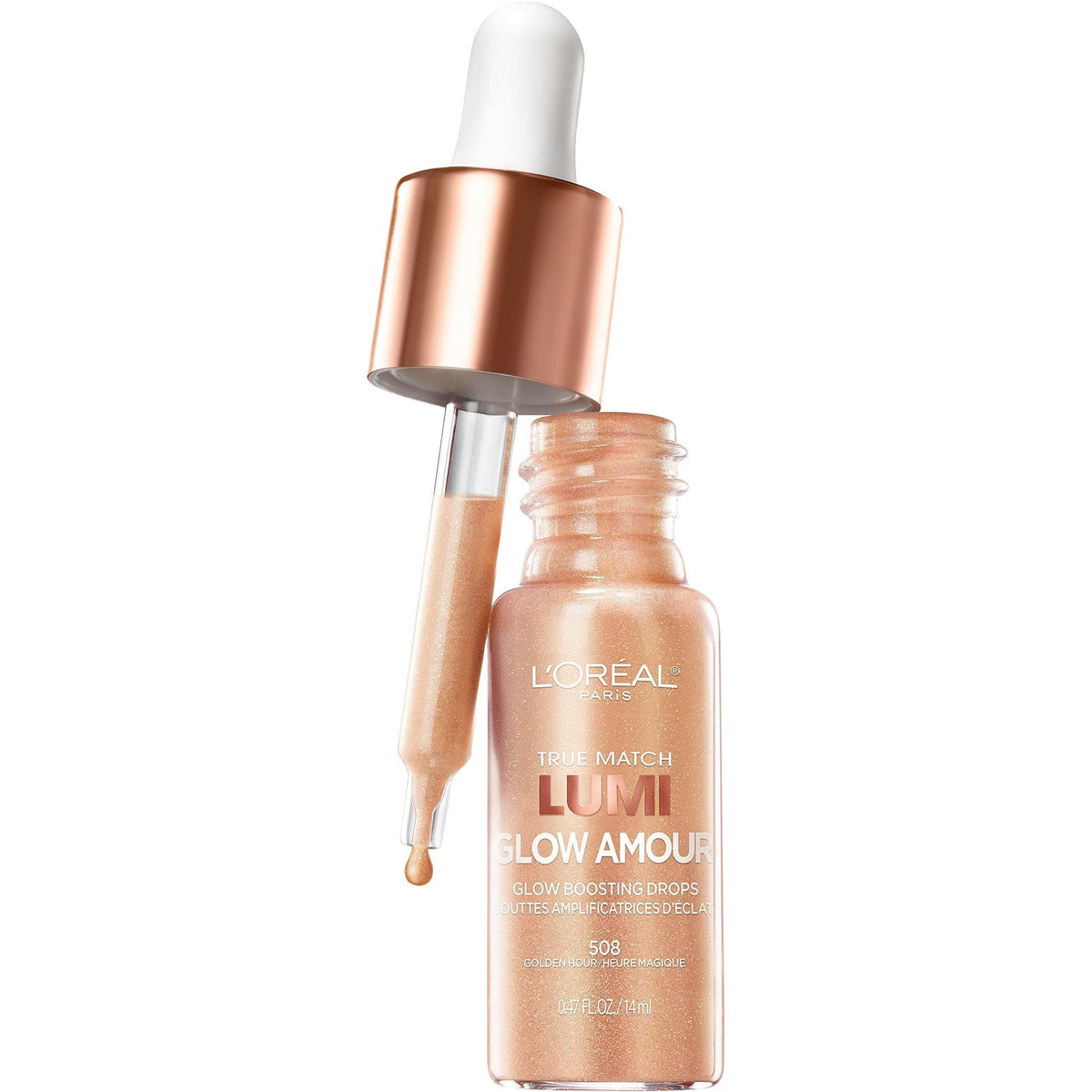 L'Oreal Paris dropper dispensing Golden Hour texture for buildable glow
