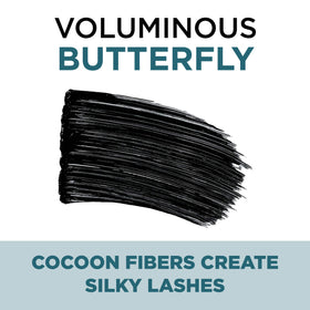 L'Oreal Paris product in use on eyes illustrating fanned, winged lashes for long-lasting wear