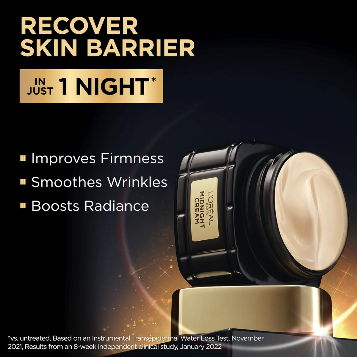 L'Oreal Paris cream jar with included serum sample showing complementary routine benefits