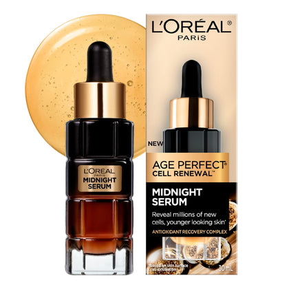 L'Oreal Paris midnight serum front bottle showing sleek packaging and nighttime renewal benefit