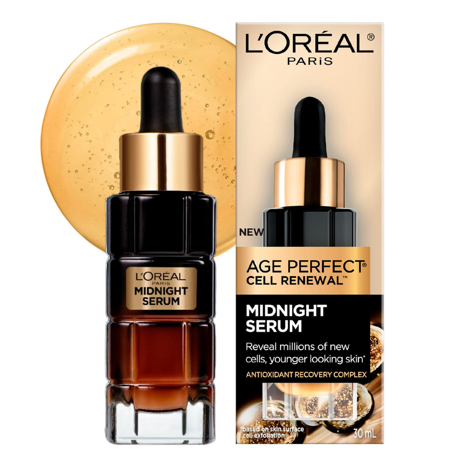 L'Oreal Paris midnight serum front bottle showing sleek packaging and nighttime renewal benefit