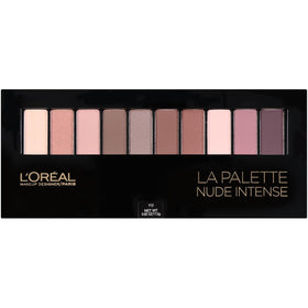 L'Oréal Paris palette front open showing ten nude shades and sleek compact benefit portability