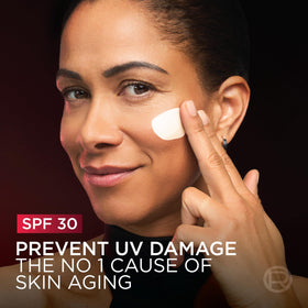 L'Oreal Paris side-by-side before and after depiction illustrating firmer brighter skin benefit