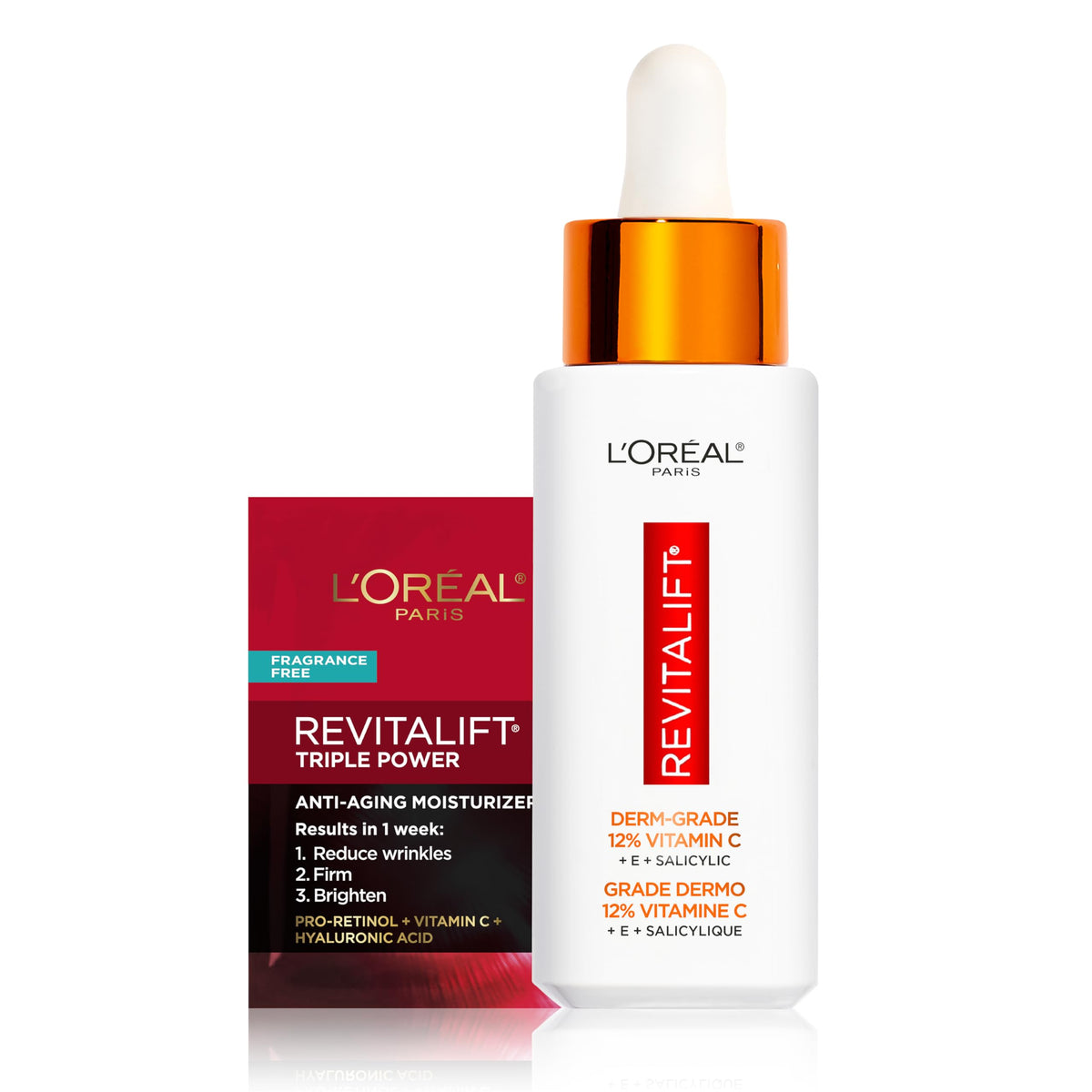 L'Oreal Paris front packaging of Revitalift serum showing bottle and box benefit of clarity