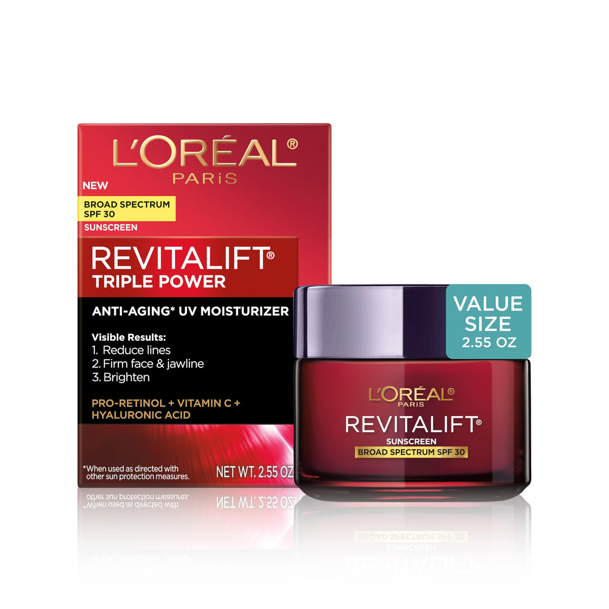 L'Oreal Paris jar front packaging showing product and benefit of daily anti-aging protection