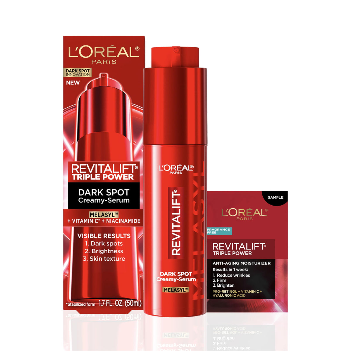 L'Oreal Paris front packaging showing bottle and label benefits
