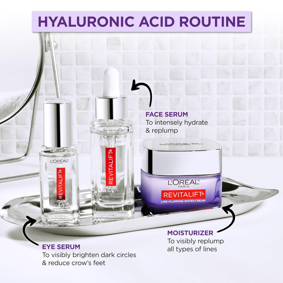 L'Oreal Paris on a bathroom shelf in lifestyle scene promoting daily skincare ease