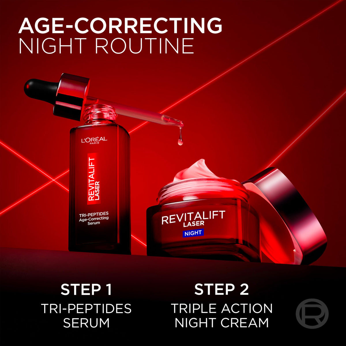L'Oreal Paris on bedside table in night routine scene for overnight repair benefit