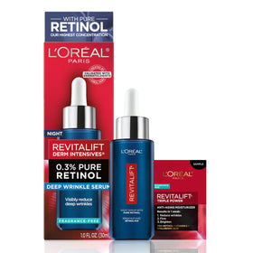 L'Oreal Paris front packaging showing clear anti-wrinkle serum and benefits