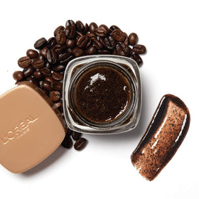 L'Oreal Paris scrub on damp skin being rinsed showing smooth, clean finish benefit
