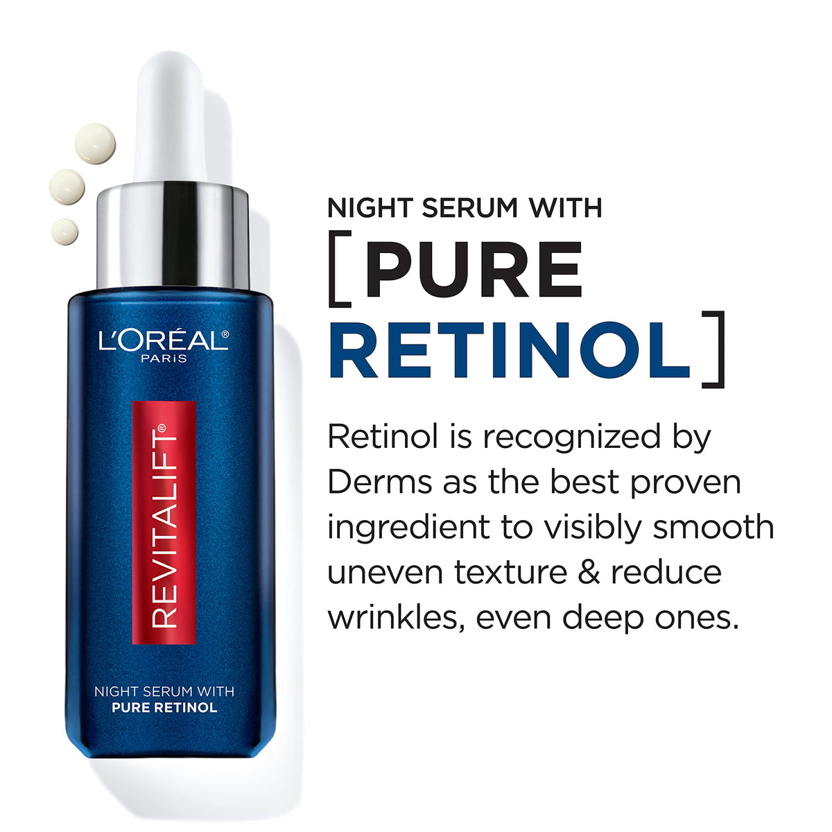L'Oreal Paris serum being applied to cheek to show nighttime use benefit