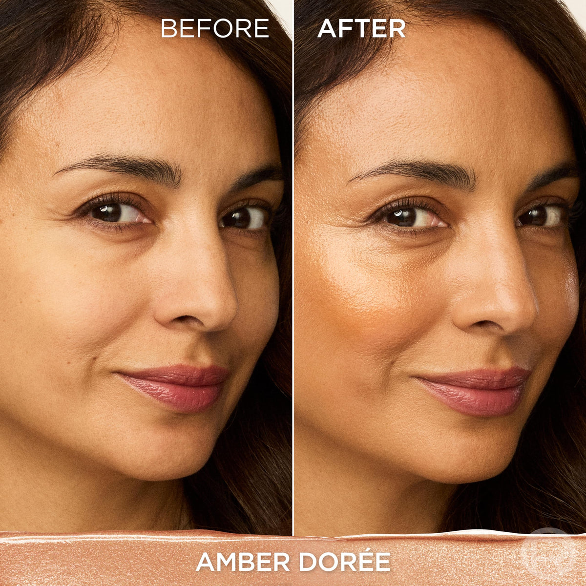 L'Oreal Paris Amber Dorée swatch on skin showing buildable warm flush