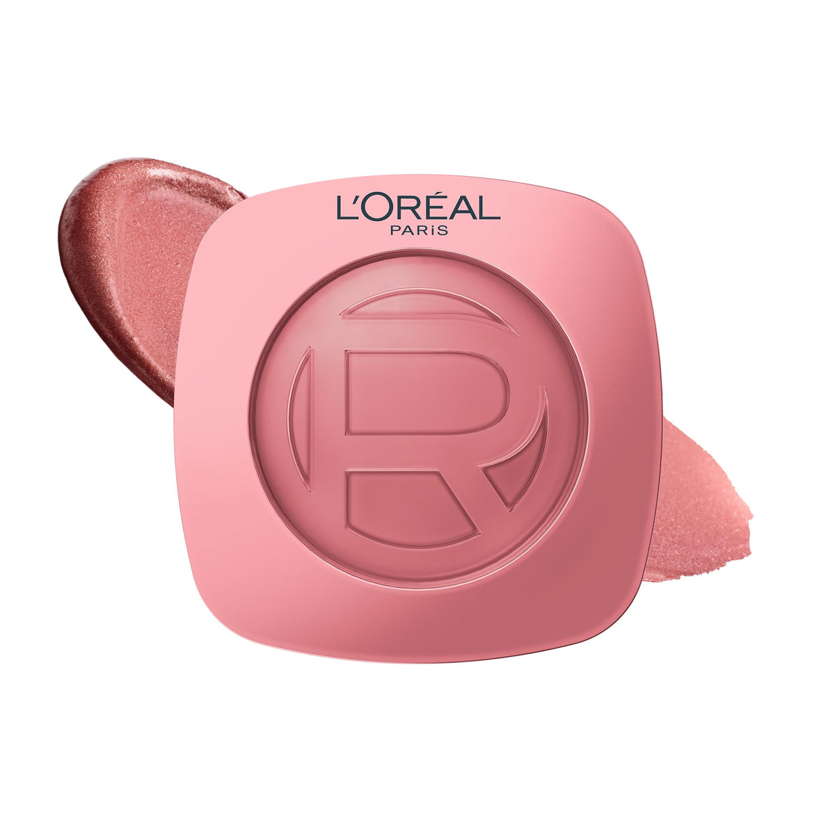 L'Oreal Paris compact front view showing rose lumiere shade and portability benefit