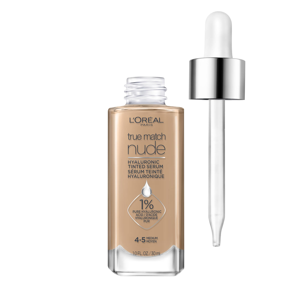 L'Oreal Paris front packaging of True Match Nude hydrating tinted serum showcasing product benefit