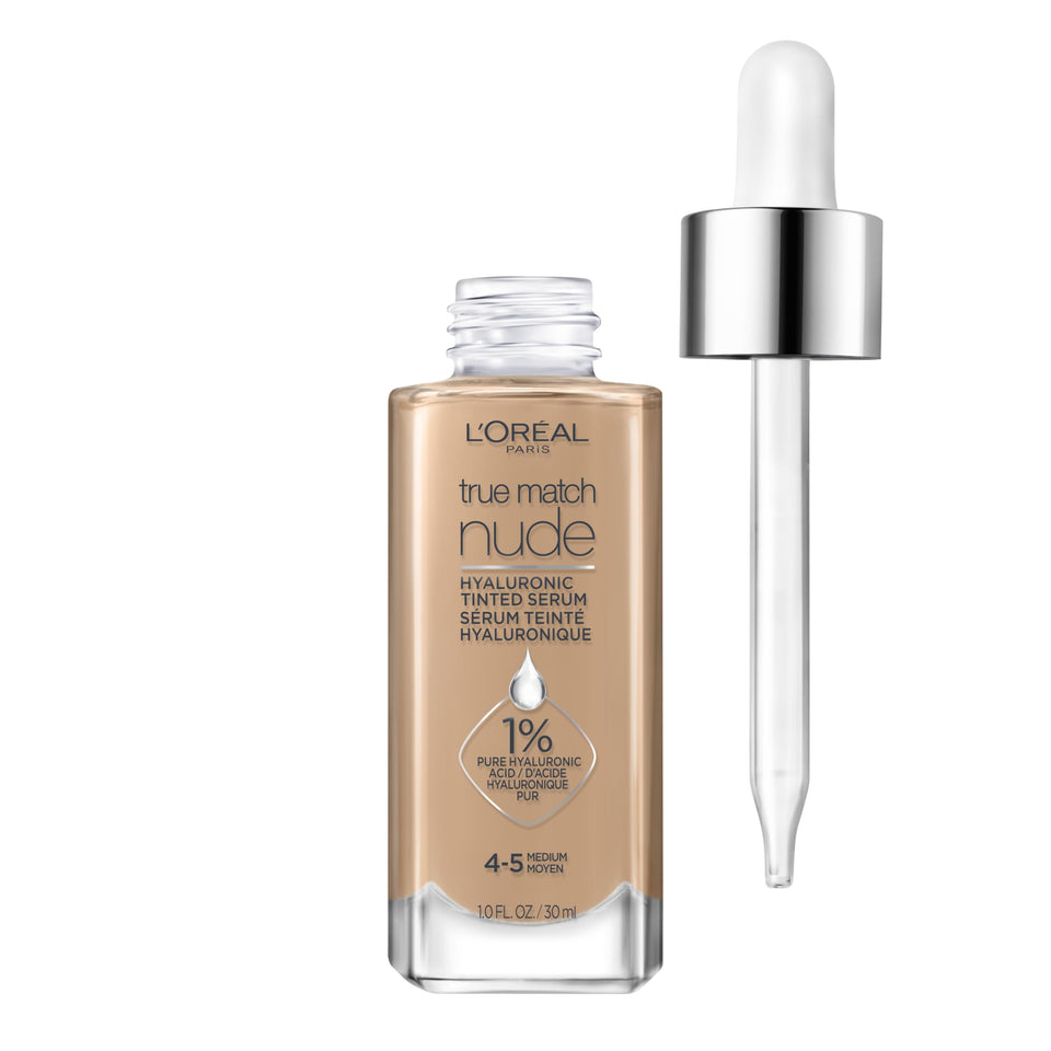 L'Oreal Paris front packaging of True Match Nude hydrating tinted serum showcasing product benefit