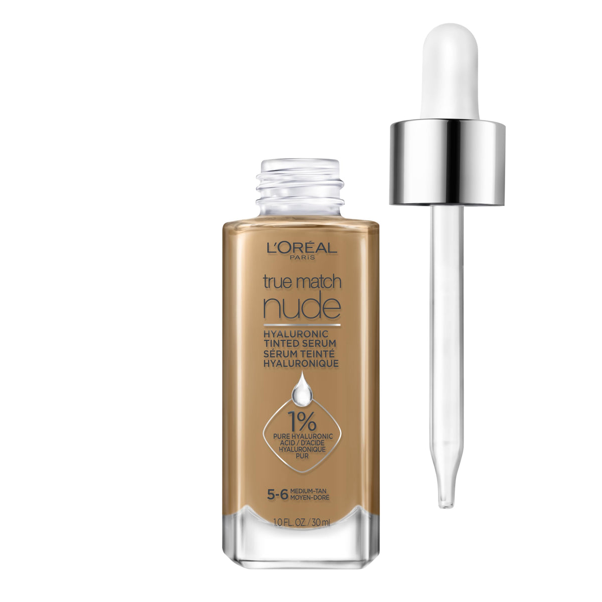 L'Oreal Paris front packaging showing bottle and label, clear branding benefit