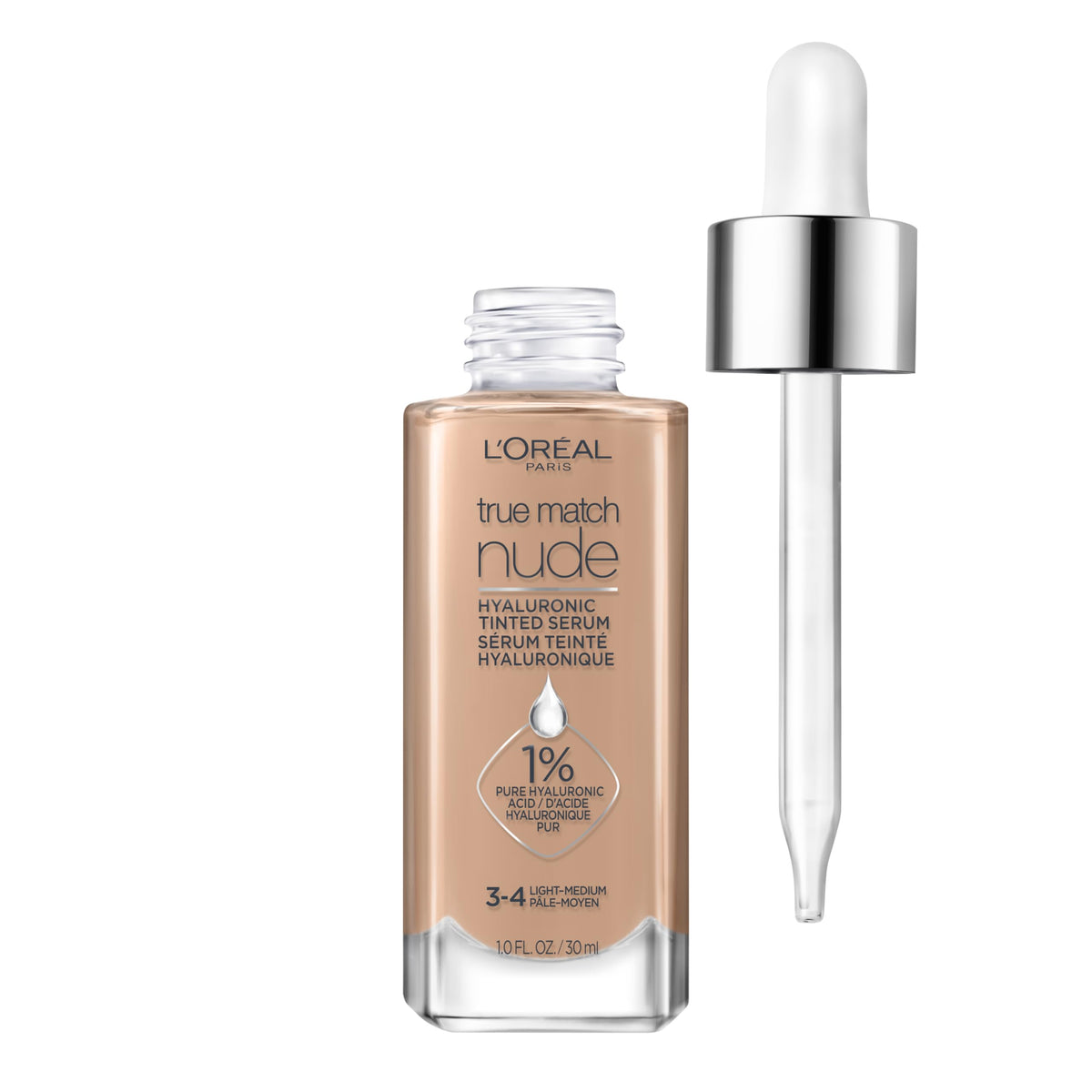L'Oreal Paris front packaging of True Match Nude Hydrating Tinted Serum showing bottle and shade label for easy selection