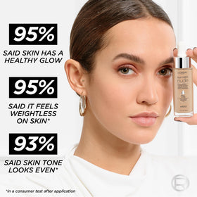 L'Oreal Paris ingredients label closeup showing hyaluronic acid and vegan benefit