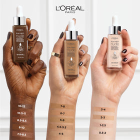 Arm swatches of L'Oreal Paris True Match Nude shades including Light-Medium 3-4 for shade-matching comparison
