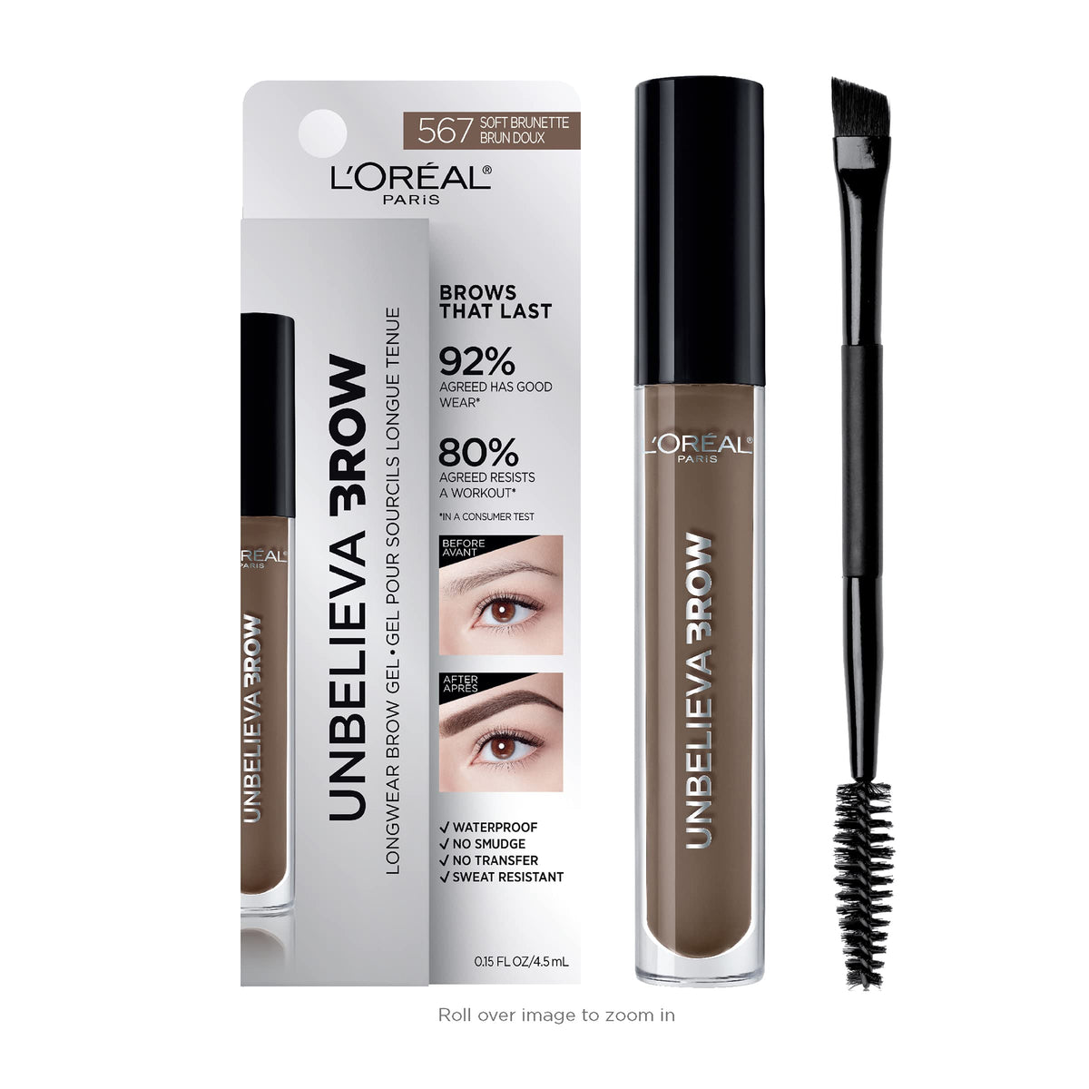 L'Oreal Paris front packaging showing compact tinted brow gel and shade label for quick identification and convenience