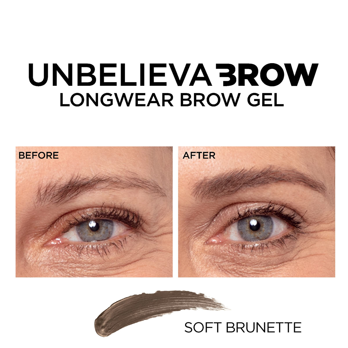 L'Oreal Paris swatches on skin illustrating Soft Brunette color payoff and buildable, natural finish