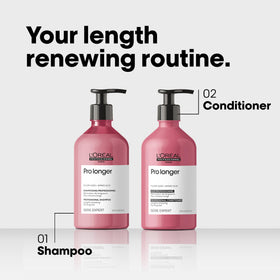 L'Oréal Professionnel Paris shampoo in use on wet hair for strengthened lengths
