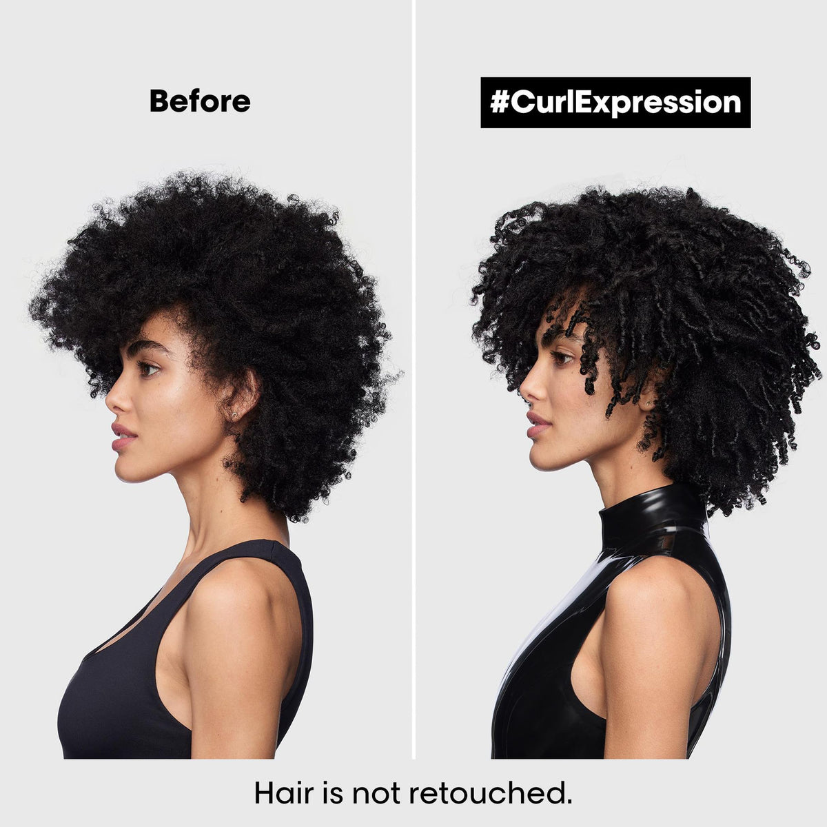 L'Oréal Professionnel Paris before and after curls demonstrating reduced frizz and shine