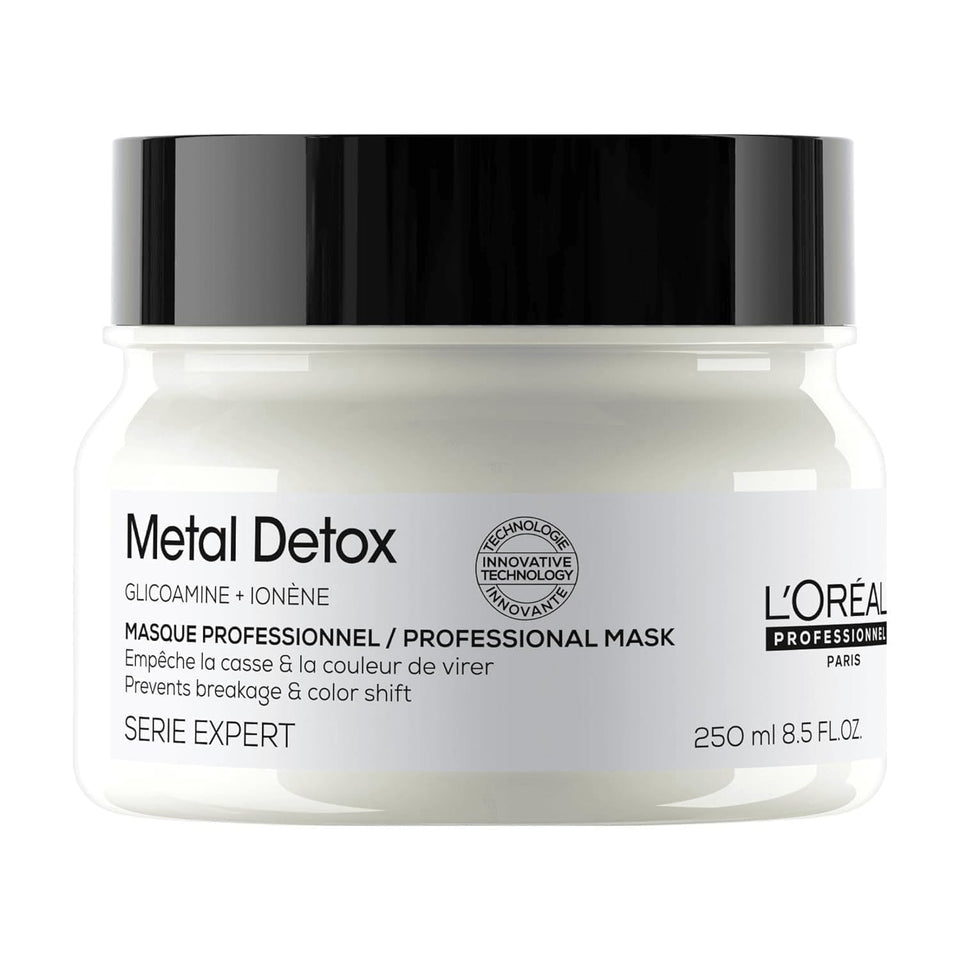 L'Oréal Professionnel front packaging showing the Metal Detox mask benefit