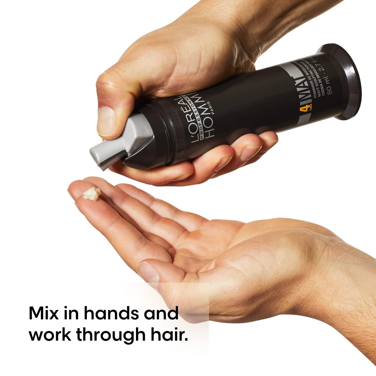 L'Oréal Professionnel Paris jar next to a hand for size comparison and portability benefit