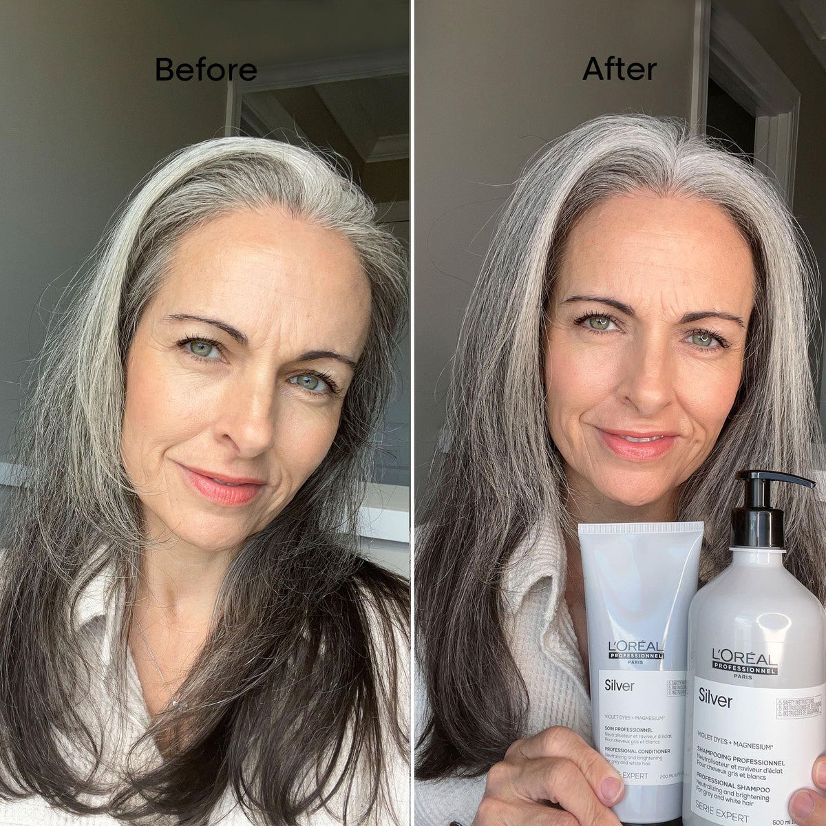 L'Oréal Professionnel before and after hair strand showing reduced brassiness