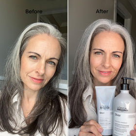 L'Oréal Professionnel before and after hair strand showing reduced brassiness