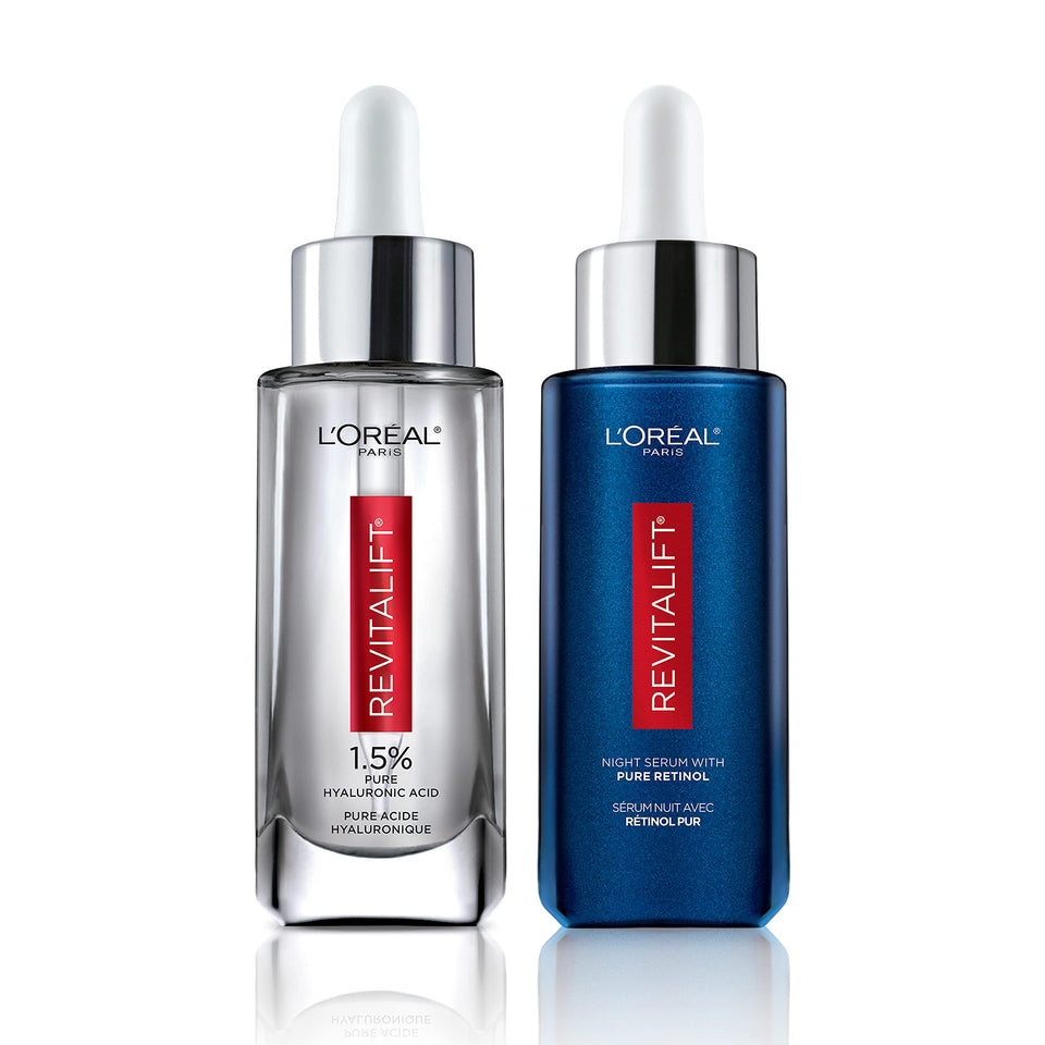 L'Oreal Paris front packaging showing both day and night serums for a complete routine