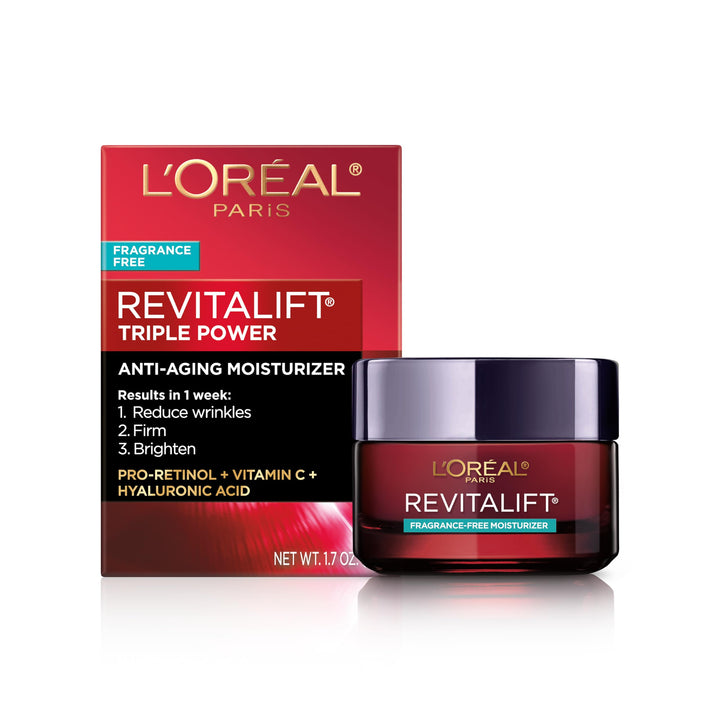 L'Oreal Paris front packaging of Revitalift moisturizer highlighting brand